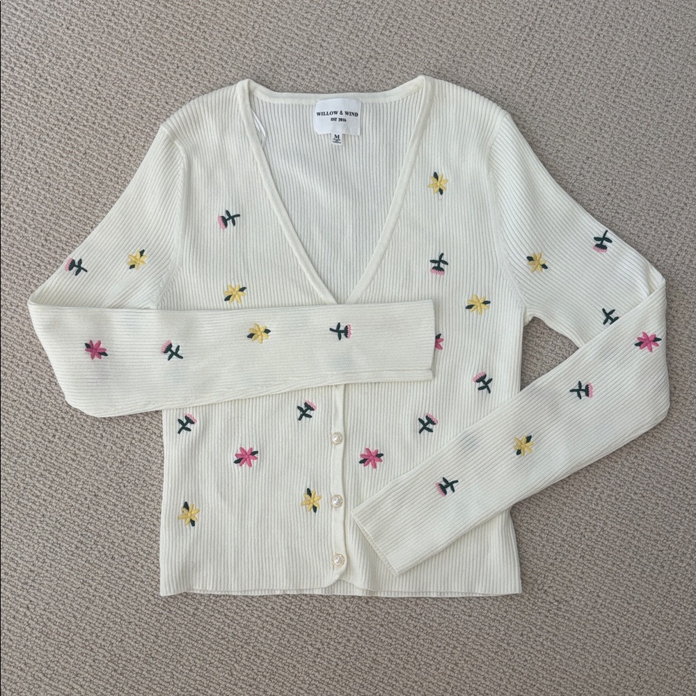 Floral Embroidered Cream Cardigan
